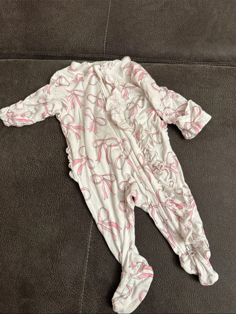 Infant White Footed One-Piece with Pink Bow Print